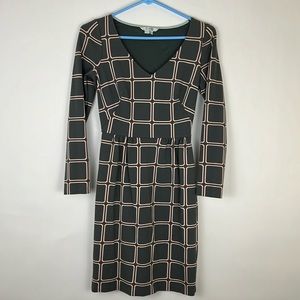 BODEN Eliza Ponte dress long sleeve in olive green and peach block desig…